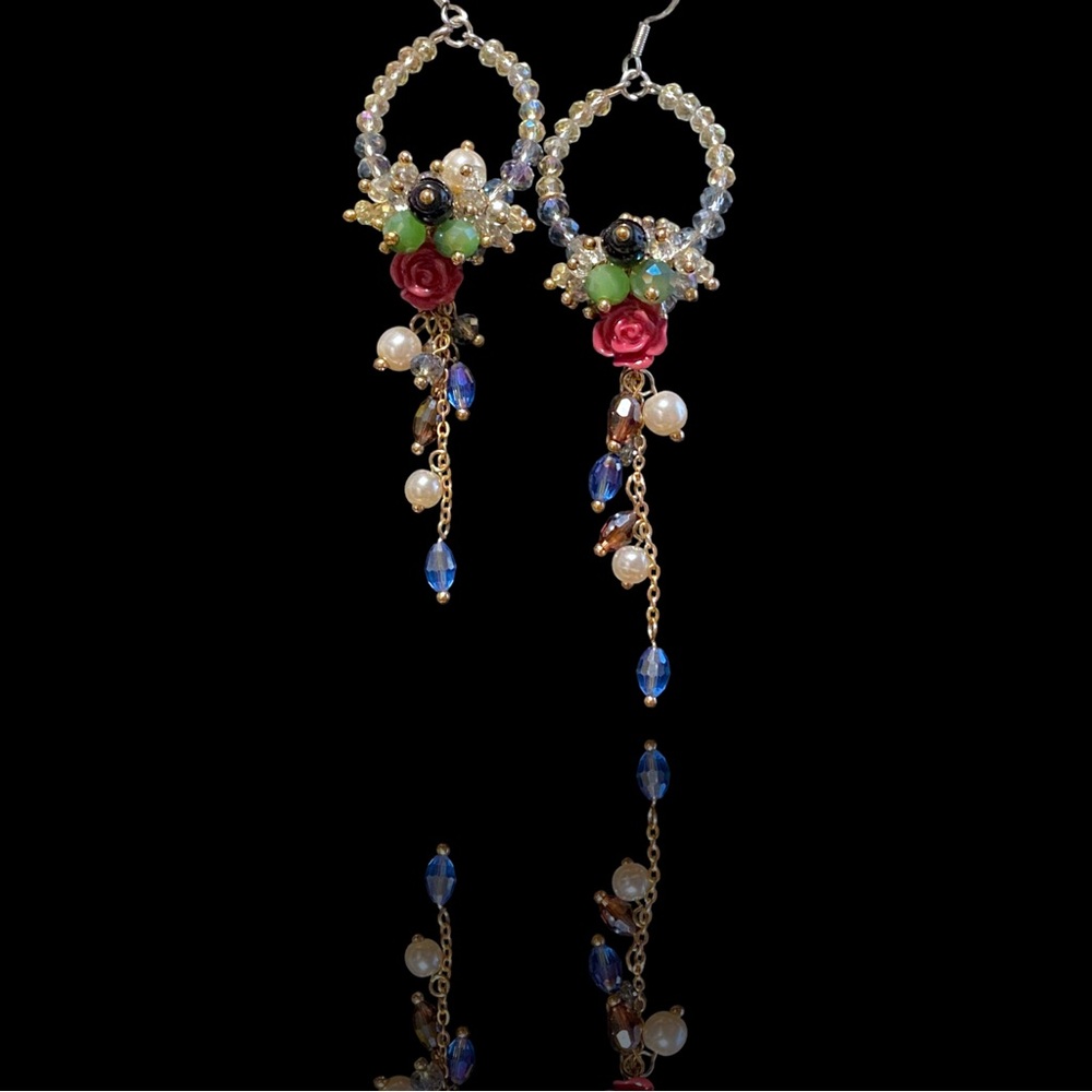 Handmade Bohemian Floral Wedding Earrings - Beaded Chandelier Dangles - Picture 2 of 15